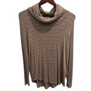 Loft Cowl Neck Tan and Coral Striped Tunic Size XSM